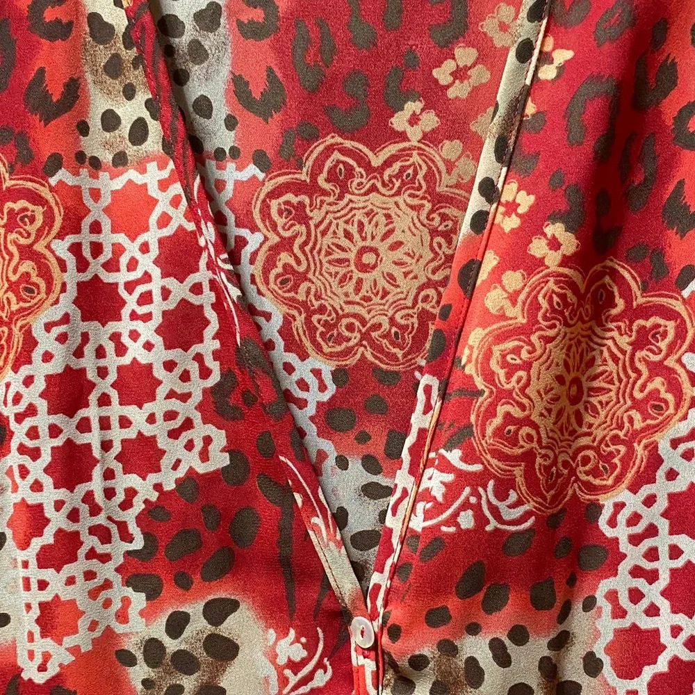 Maggie Barnes Vibrant Red, Cream, brown and Orange Patterned size 32W duster